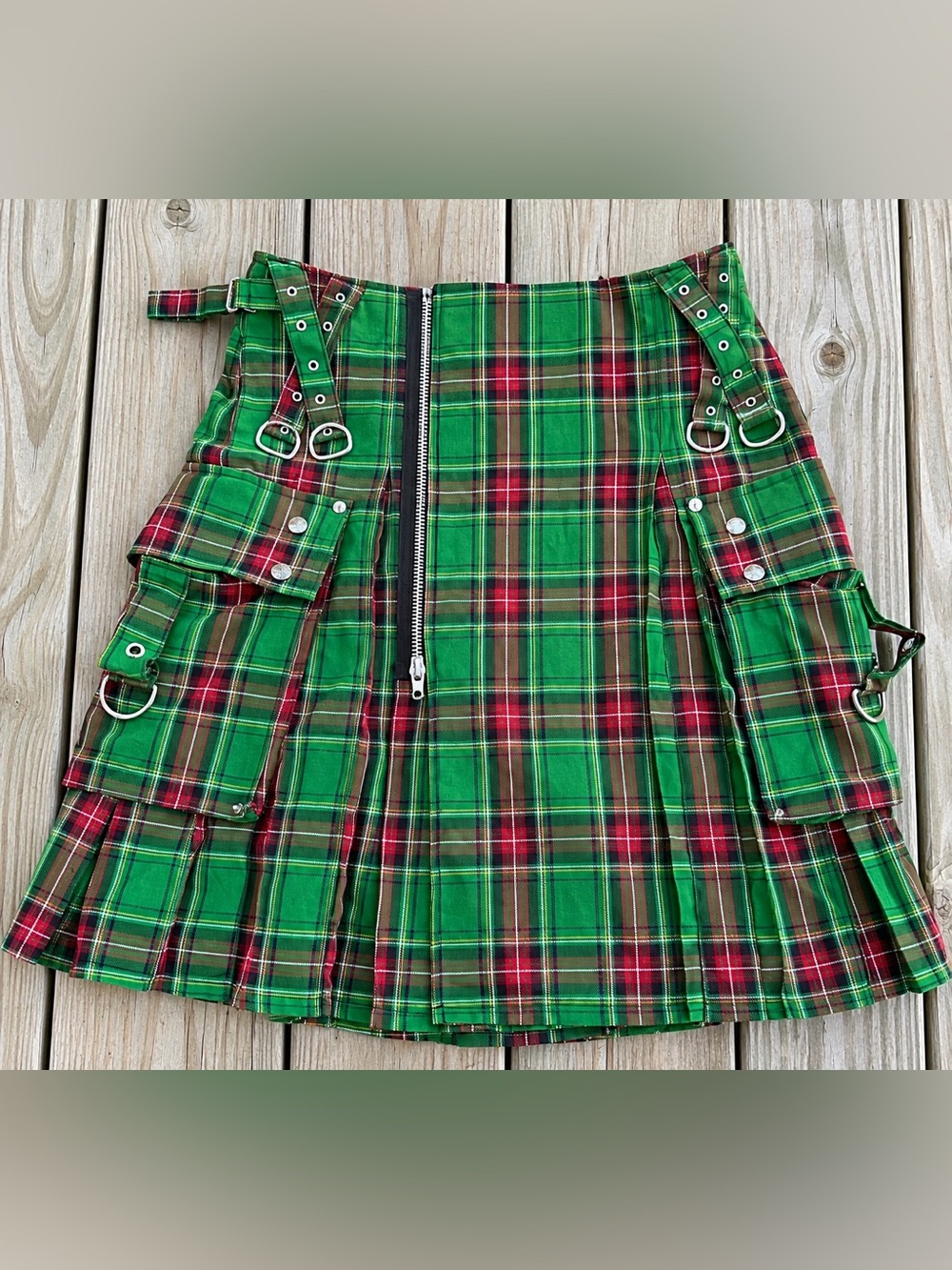 Tripp Men’s Small Green Tartan Plaid Pleated Cargo Skirt Punk Grunge Y2K Style